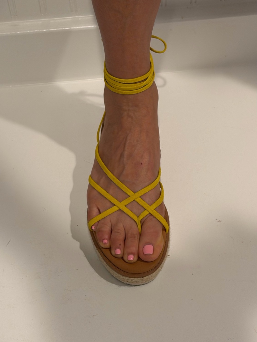 Nine West Yellow Lace-Up Platform Sandals. Like New